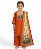 Ridokidz Cotton Silk Woven Full Sleeves Kurti Palazzo & Dupatta Set with and Peacock Print & Neck Detailing - Dark Orange