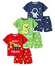 KUCHIPOO Cotton Blend Knit Pack Of 3 Half Sleeves Astronaut & Dinosaur Printed Tee & Shorts Set - Blue Green & Red