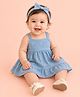 Kidbea Cotton Woven Sleeveless Leaves Printed Dress With Headband & Bloomers - Blue