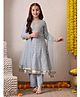 INDI-LOOM COUTURE Chanderi Woven Three Fourth Sleeves Lace Embellished Anarkali Kurti & Pants With Dupatta Set - Grey