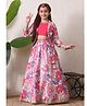 INDI-LOOM COUTURE Silk Woven Sleeveless Choli With Floral Printed Coordinating Lehenga & Jacket Set - Pink