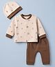 I Bears Cotton Fleece Full Sleeves Winter Wear Suits With Beanie & Toy Print - Beige