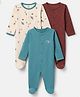 I Bears Interlock Knit Full Sleeves Footed Sleep Suits with Space Theme Print Pack Of 3 - Off White, Brown & Teal Blue
