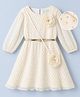 Hola Bonita Woven Polka Dots Printed Full Sleeves Party Dress With Pouch & Floral Applique - Off White