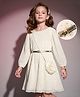Hola Bonita Woven Polka Dots Printed Full Sleeves Party Dress With Pouch & Floral Applique - Off White