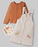 OLLINGTON ST. Corduroy Woven Knit Floral Embroidered Frock With Full Sleeves T-Shirt - Brown