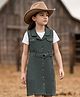 OLLINGTON ST. Cotton Lycra Stretchable Twill Knit Pinafore Frock with Half Sleeves Inner Tee & Belt - Olive Green & White