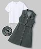 OLLINGTON ST. Cotton Lycra Stretchable Twill Knit Pinafore Frock with Half Sleeves Inner Tee & Belt - Olive Green & White