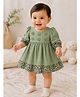 Aomi Blended Woven Three Fourth Puffed Sleeves Floral Applique Detailed - Green