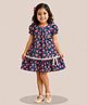 mini miao Blended Woven Half Puffed Sleeves Floral Printed & Bow Applique Detailed Dress - Blue