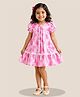 mini miao Blended Woven Half Puffed Sleeves Floral Printed & Bow Applique Detailed Dress - Pink