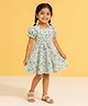 mini miao Blended Woven Half Puffed Sleeves Floral Printed & Bow Applique Detailed Dress - Green
