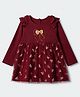 Babyhug Cotton Knit Fit and Flare Dress with Full Sleeves and Bow Foil/Glitter Print in Dark Red