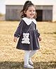 Babyhug Velvet Full Sleeves Frock and Legging with Sling Bag and Bear Patch in Grey