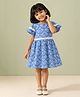 mini miao Blended Woven Half Sleeves Floral Printed & Lace Embellished Dress - Blue