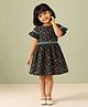 mini miao Blended Woven Half Sleeves Floral Printed & Lace Embellished Dress - Black