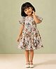 mini miao Blended Woven Half Sleeves Floral Printed & Lace Embellished Dress - Peach