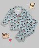 Pyjama Party Pure Cotton Woven Full Sleeves Pugs Printed Coordinating Shirt & Pajama Night Suit - Mint