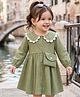 Babyhug Cotton Woven Fit and Flare Dress with Peter Pan Collar & Full Sleeves and Sling Bag - Green