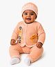 The little lookers Knit Full Sleeves Good Text Printed Tee & Pants Set With Cap - Peach
