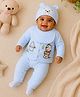 The little lookers Knit Full Sleeves Bear Embroidered Tee & Pants Set With Cap - Blue