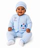 The little lookers Knit Full Sleeves Elephant Embroidered Tee & Pants Set With Cap - Blue