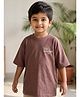 Rikidoos Cotton Blend Woven Oversized T-Shirt with Half Sleeves and Drop Shoulder Sleeves and Surf Essentials Print - Brown