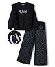 OLLINGTON ST. Cotton Blend Looper Knit Full Sleeves Winter Wear Sweatshirt and Culottes Set With Text Print - Black