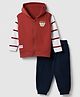 Babyhug 100% Cotton Knit Full Sleeves T-Shirt, Hooded Jacket and Pant with Full Length and Bear Detailing -Rust White and Navy Blue