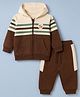 Babyhug 100% Cotton Terry Knit Full Sleeves Hooded Striped T-Shirt and Joggers with Full Length and Tiger Patch in Brown