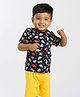 PUBU 100% Cotton Knit Sleeveless Dinosaur Printed Tee & Shorts Set - Navy Blue & Yellow