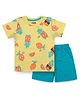 PUBU 100% Cotton Knit Sleeveless Pineapple Printed Tee & Shorts Set - Mustard & Turquoise