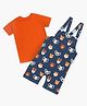 PUBU Cotton Knit Animals Printed Dungaree With Half Sleeves Solid Tee - Orange & Navy Blue