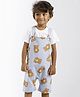 PUBU Cotton Knit Bear Printed Dungaree With Half Sleeves Solid Tee - White