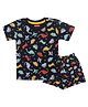 PUBU 100% Cotton Knit Half Sleeves Dinosaur Printed Coordinating Tee & Shorts Set - Navy Blue