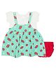 PUBU 100% Cotton Knit Half Sleeves Strawberry Printed Pinafore Style Dress With Bloomer - Mint & Red