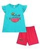 PUBU 100% Cotton Knit Sleeveless Hello Summer Text Printed Tee & Shorts Set - Turquoise & Dark Pink