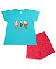 PUBU 100% Cotton Knit Half Sleeves Ice Cream Printed Tee & Shorts - Turquoise & Dark Pink