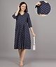 Mamma's Maternity Cotton Woven Three Fourth Sleeves Abstract Printed Dress With Side Seam Nursing Access - Navy Blue
