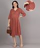 Mamma's Maternity Cotton Woven Three Fourth Sleeves Abstract Printed Dress With Side Seam Nursing Access - Dark Orange
