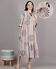 Mamma's Maternity Rayon Woven Three Fourth Sleeves Floral Printed Dress With Side Seam Nursing Access - Cream