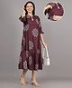 Mamma's Maternity Rayon Woven Three Fourth Sleeves Floral Printed Dress With Side Seam Nursing Access - Maroon