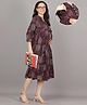 Mamma's Maternity Rayon Woven Three Fourth Sleeves Abstract Printed Dress With Side Seam Nursing Access -Maroon