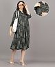 Mamma's Maternity Rayon Woven Three Fourth Sleeves Abstract Printed Dress With Side Seam Nursing Access -Dark Green