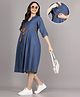 Mamma's Maternity Denim Woven Three Fourth Sleeves Solid Dress With Side Seam Nursing Access - Dark Blue