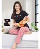 Fabme Cotton Jersey Woven Half Sleeves Hearts Printed Maternity Night Suit Set With Overlap Zipper Nursing Access - Black