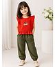 Mamma's Bear Cotton Woven Sleeveless Floral Embroidered Frill Detailed Top & Joggers Set - Orange & Olive