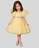 PinkCow Net Woven Half Puffed Sleeves Bow Applique Detailed & Stones Embellished Dress - Yellow