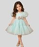 PinkCow Net Woven Half Puffed Sleeves Bow Applique Detailed & Stones Embellished Dress - Aqua Blue