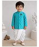 BAATCHEET Cotton Silk Woven Full Sleeves Ethnic Motif Foil Printed & Elephant Applique Detailed Sherwani Dhoti Set - Teal Blue